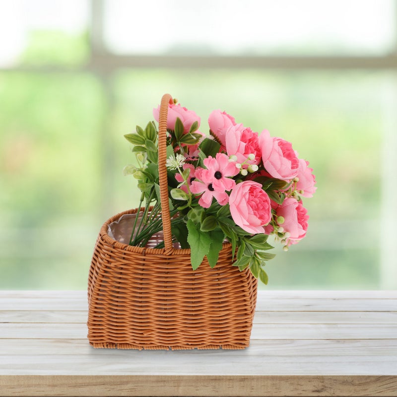Rattan Flower Basket with Handle - Woven Picnic Basket Wicker Wedding Petal Basket Candy Storage Basket for Indoor Plants Home Decor - Image 4