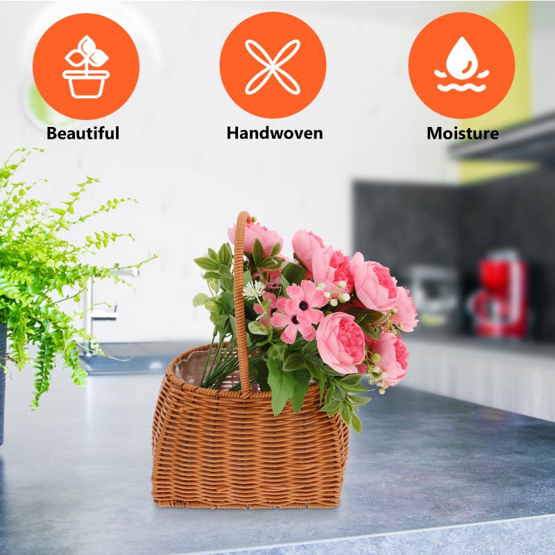 Rattan Flower Basket with Handle - Woven Picnic Basket Wicker Wedding Petal Basket Candy Storage Basket for Indoor Plants Home Decor - Image 3