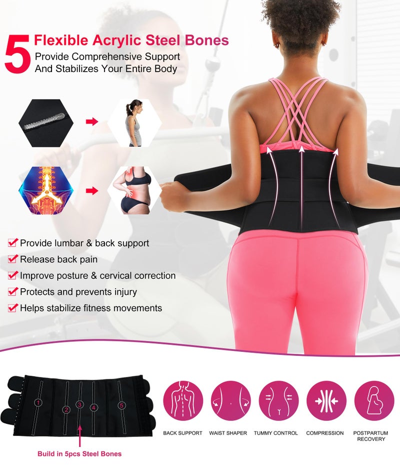TrainingGirl Women Waist Trainer Cincher Corset Tummy Control Workout Sweat Band Slimmer Belly Belt Weight Loss Sports Girdle (3 Belt Black, X-Large) - Image 5
