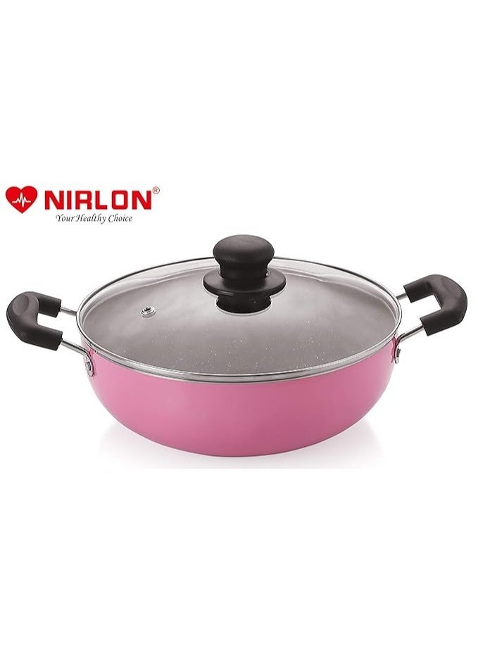 Nirlon Aluminium Non Stick Dishwasher Safe Cookware Set with Glass Lid & 3 Spoon, Pink - Image 2