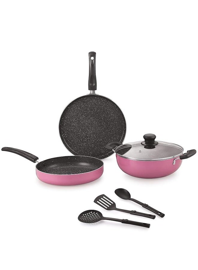 Nirlon Aluminium Non Stick Dishwasher Safe Cookware Set with Glass Lid & 3 Spoon, Pink - Image 1