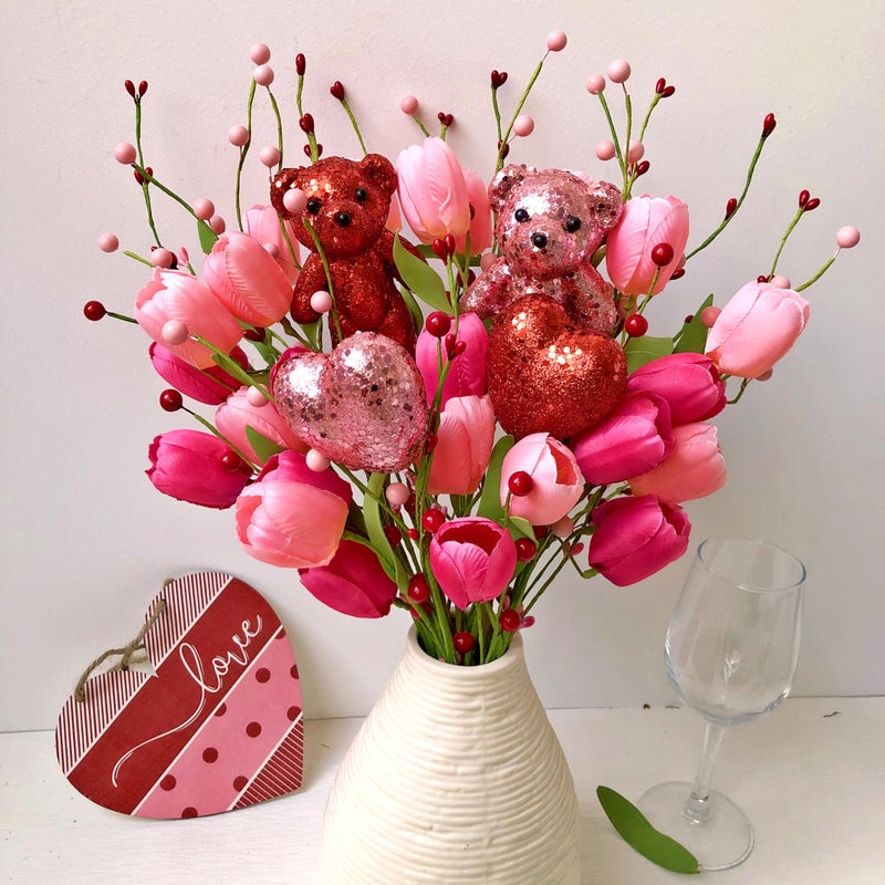 JINGHONG Valentine's Day Decorations Valentines Day Flowers 10 Pack Artificial Floral Picks with Pink Red Bear and Heart Tulip for Valentine Mothers Day Anniversary Candlelight Dinner Party Decor - Image 2