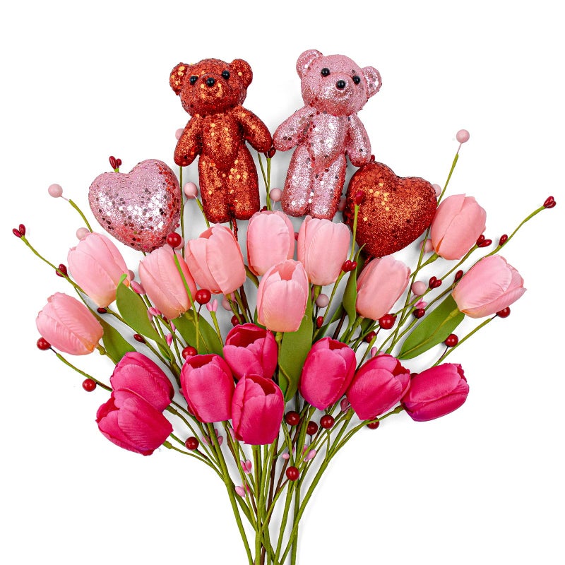 JINGHONG Valentine's Day Decorations Valentines Day Flowers 10 Pack Artificial Floral Picks with Pink Red Bear and Heart Tulip for Valentine Mothers Day Anniversary Candlelight Dinner Party Decor - Image 1