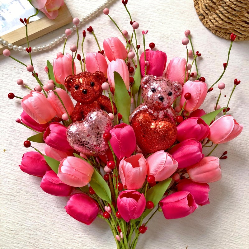 JINGHONG Valentine's Day Decorations Valentines Day Flowers 10 Pack Artificial Floral Picks with Pink Red Bear and Heart Tulip for Valentine Mothers Day Anniversary Candlelight Dinner Party Decor - Image 3