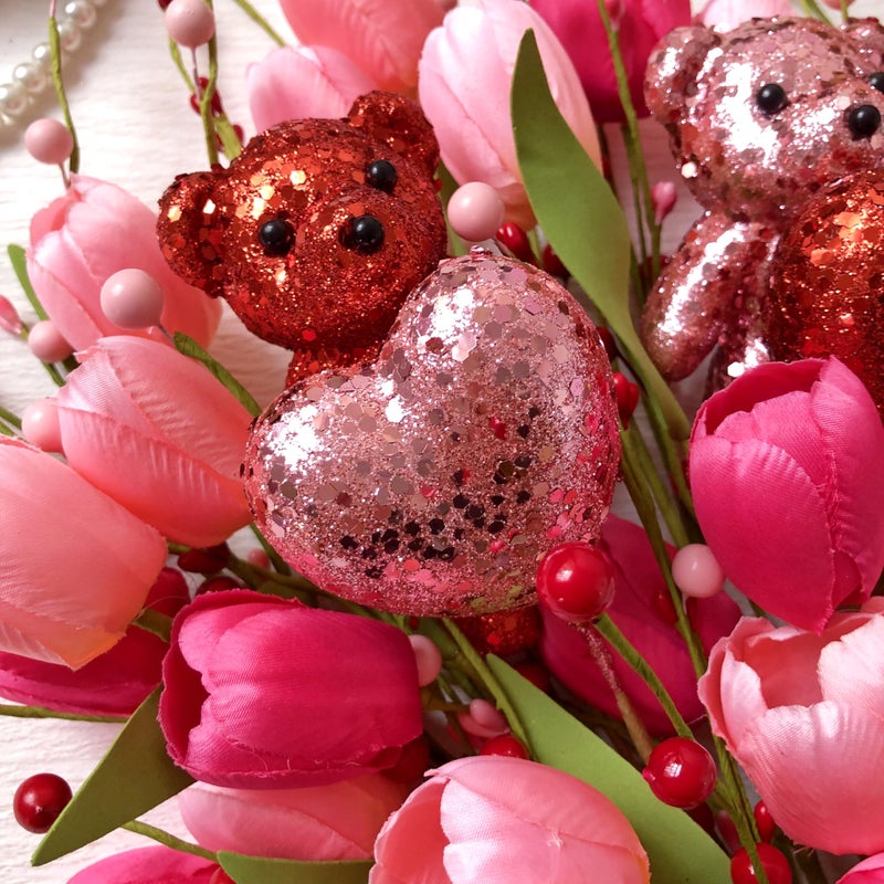 JINGHONG Valentine's Day Decorations Valentines Day Flowers 10 Pack Artificial Floral Picks with Pink Red Bear and Heart Tulip for Valentine Mothers Day Anniversary Candlelight Dinner Party Decor - Image 4