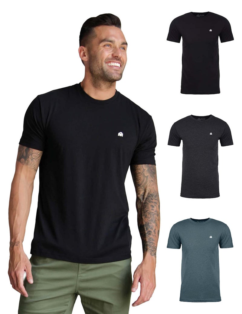INTO THE AM Mens Fitted Crew Neck Logo Basic Tees 3Pack Modern Fit Fresh Classic Short Sleeve TShirts for Men BlackCharcoalIndigo Large