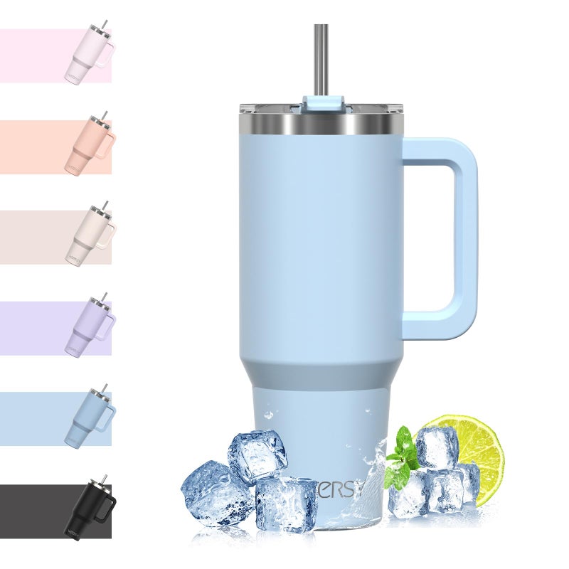 WATERSY Travel Mug Coffee Cup 40oz Tumbler Straw Lid and Handle Stainless Steel Double Wall Vacuum Insulated Coffee Water Bottle Thermal for Cold Hot Coffee 1182ml Blue