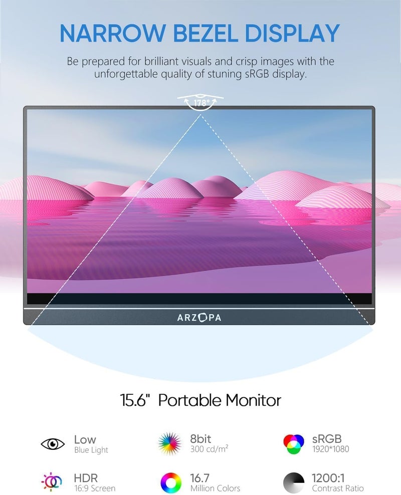 ترقية التكنولوجيا المبتكرة شاشة المحمولة 15.6 بوصة FHD 1080P - شاشة كمبيوتر محمول فائقة النحافة مع حامل - شاشة IPS لأجهزة الكمبيوتر الشخصي، ماك، الهاتف، إكس بوكس، بلاي ستيشن 5 - اتصال USB C و HDMI - A1 - Image 3
