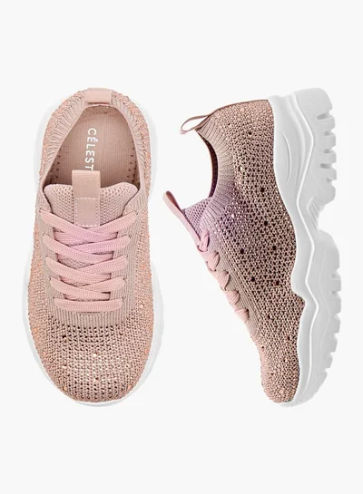 Celeste Girls' Embellished Sneakers with Chunky Sole and Lace-Up Closure