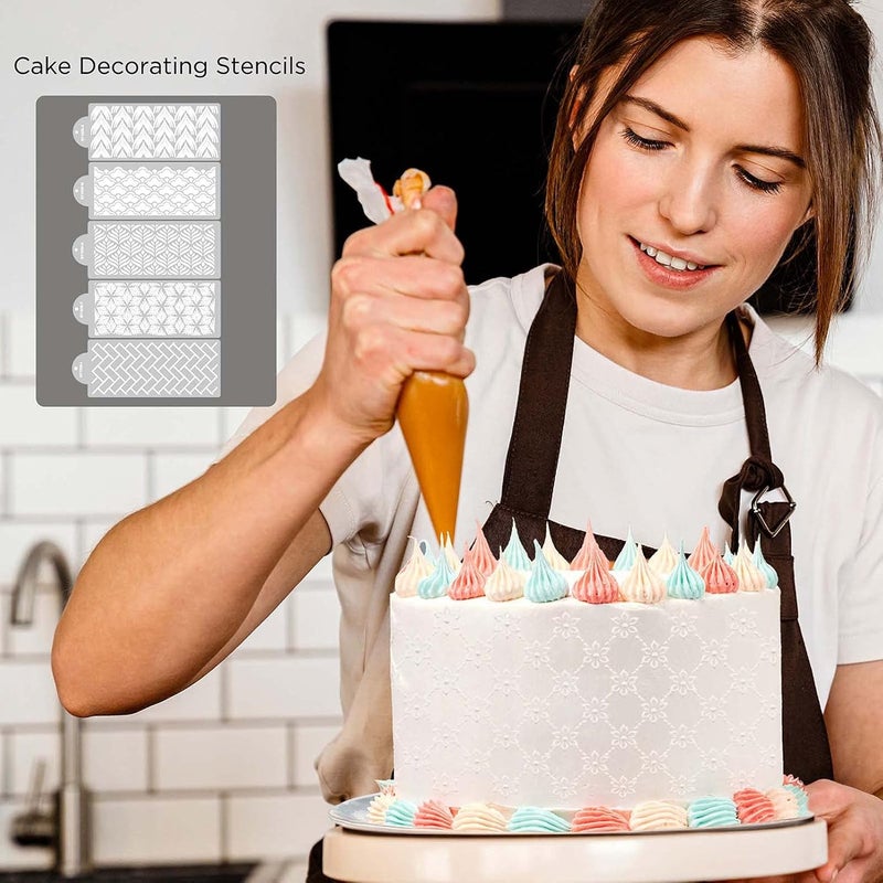 FVVMEED 5 Pieces Cupcake Stencil Cake Side Decorating Templates Powdered Sugar Sieve Template Wedding Cake Decor Flower Edge Molding, Lace Decoration Stencils Food Grade Plastic Mold Baking Tool - Image 2