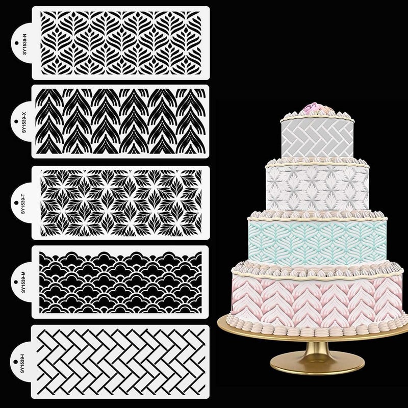 FVVMEED 5 Pieces Cupcake Stencil Cake Side Decorating Templates Powdered Sugar Sieve Template Wedding Cake Decor Flower Edge Molding, Lace Decoration Stencils Food Grade Plastic Mold Baking Tool - Image 1