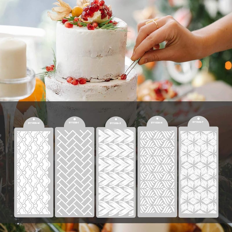 FVVMEED 5 Pieces Cupcake Stencil Cake Side Decorating Templates Powdered Sugar Sieve Template Wedding Cake Decor Flower Edge Molding, Lace Decoration Stencils Food Grade Plastic Mold Baking Tool - Image 4