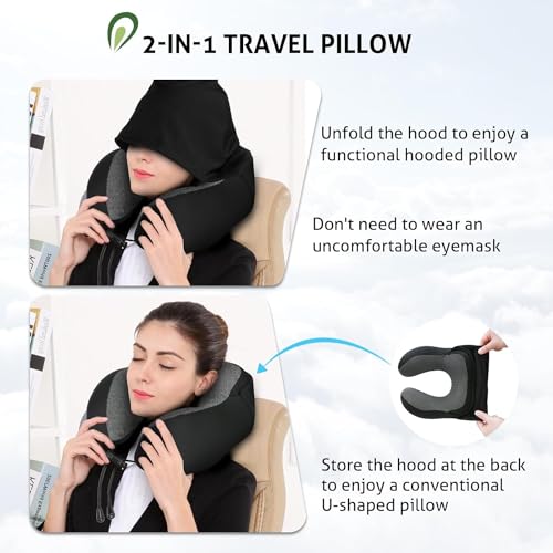 ADOFYS Travel Neck Pillow Memory Foam, Hooded Travel Neck Pillow for Adults, Comfortable Neck Pillow for Travelling with Hoodie, Flight, Airplane Pillow, Travel Cushion for Plane Car Train - Image 3