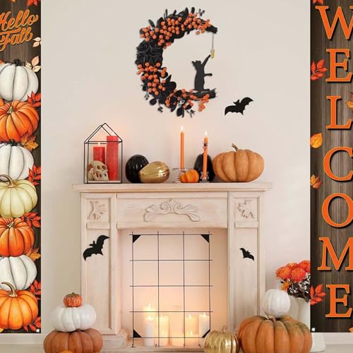 Tirdkid Spooky Halloween Wreath - 2025 New Black Cat Moon Door Decor with Lights for Indoor Outdoor Party Wall, Unique Crescent Moon Wreath Design, Perfect Halloween Decorations for Front Door (Orange) - Image 3