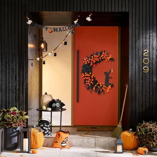 Tirdkid Spooky Halloween Wreath - 2025 New Black Cat Moon Door Decor with Lights for Indoor Outdoor Party Wall, Unique Crescent Moon Wreath Design, Perfect Halloween Decorations for Front Door (Orange) - Image 5