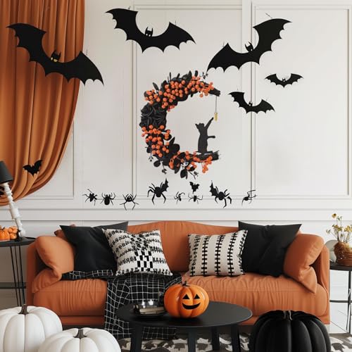 Tirdkid Spooky Halloween Wreath - 2025 New Black Cat Moon Door Decor with Lights for Indoor Outdoor Party Wall, Unique Crescent Moon Wreath Design, Perfect Halloween Decorations for Front Door (Orange) - Image 2