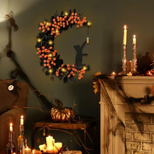 Tirdkid Spooky Halloween Wreath - 2025 New Black Cat Moon Door Decor with Lights for Indoor Outdoor Party Wall, Unique Crescent Moon Wreath Design, Perfect Halloween Decorations for Front Door (Orange) - Image 4