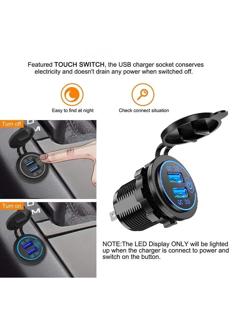 عام شاحن USB مزدوج QC3.0 سريع 12–24 فولت مع مفتاح لمس، مخصص للسيارات والدراجات النارية والقوارب، مثالي لتعديل المركبات. - Image 2