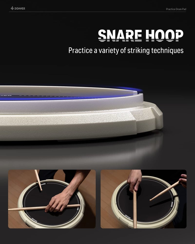 Donner Drum Practice Pad, Donner Drummer Practice Pad - Quiet Drum Pad with Removable Snare Simulation Built-in 800 Steel Balls, Drum Sticks, 40 Standard Rudiments, 12 Inches, White - Image 4