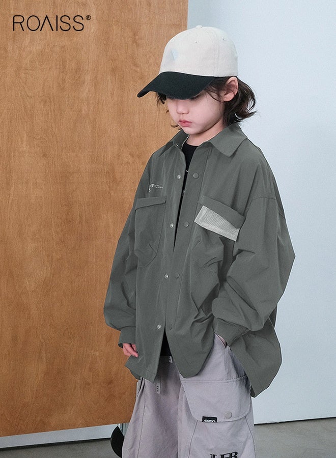roaiss Boy Sylish Shirt with Snap Buttons Closure and 2 Chest Pockets, Baggy Shirt Jacket, Long Sleeve Shacket for Boys, Suitable for Daily Wear, School and Outdoor Activities - Image 2
