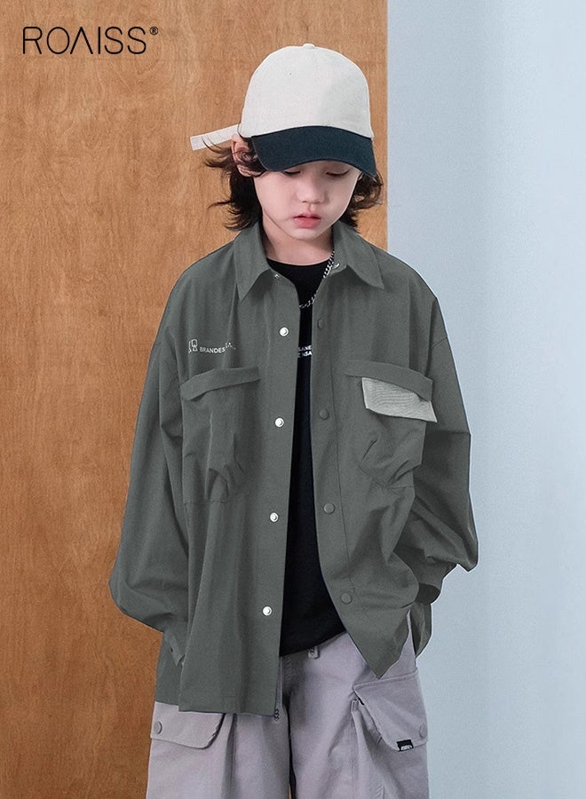 roaiss Boy Sylish Shirt with Snap Buttons Closure and 2 Chest Pockets, Baggy Shirt Jacket, Long Sleeve Shacket for Boys, Suitable for Daily Wear, School and Outdoor Activities - Image 1