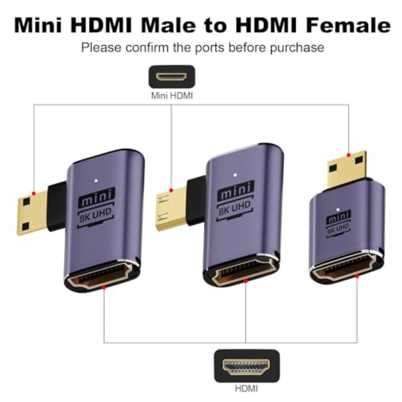 محول HDMI صغير إلى HDMI 8K، 3 قطع زاوية يسار ويمين 90 درجة، محول HDMI صغير ذكر إلى HDMI أنثى، محول HDMI صغير 48 جيجابت في الثانية، للكاميرا، HDTV، جهاز العرض، الكمبيوتر المحمول والكمبيوتر اللوحي - Image 2