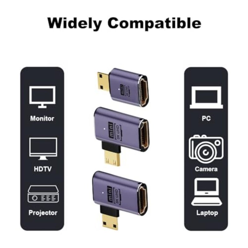 محول HDMI صغير إلى HDMI 8K، 3 قطع زاوية يسار ويمين 90 درجة، محول HDMI صغير ذكر إلى HDMI أنثى، محول HDMI صغير 48 جيجابت في الثانية، للكاميرا، HDTV، جهاز العرض، الكمبيوتر المحمول والكمبيوتر اللوحي - Image 3