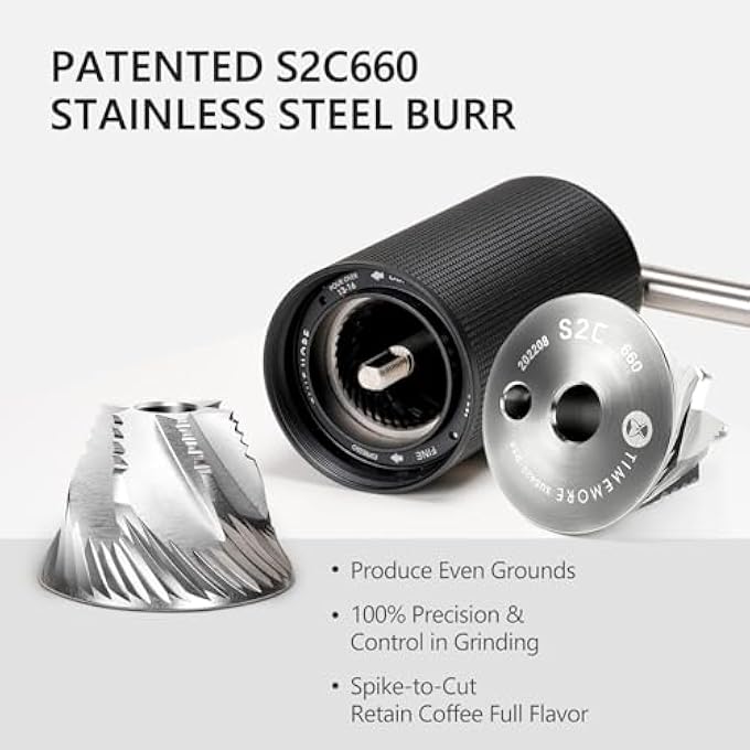 تايم مور مطحنة قهوة يدوية C3S Pro مزودة بقرص مخروطي من الفولاذ المقاوم للصدأ مع إمكانية التحكم الرقمي بالكمبيوتر، سعة 25 جرامًا، إعداد داخلي قابل للتعديل، وضع مزدوج للمحمل، هدية للسفر والتخييم، لون كستنائي أسود - Image 4