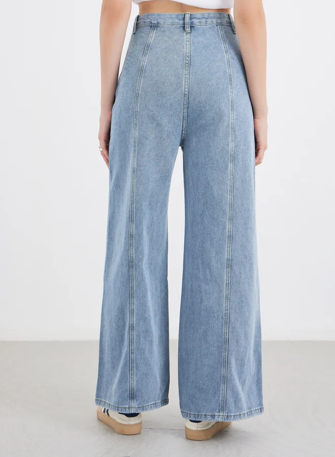 Styli Styli High Rise Wide Leg Jeans with Pintuck Detail