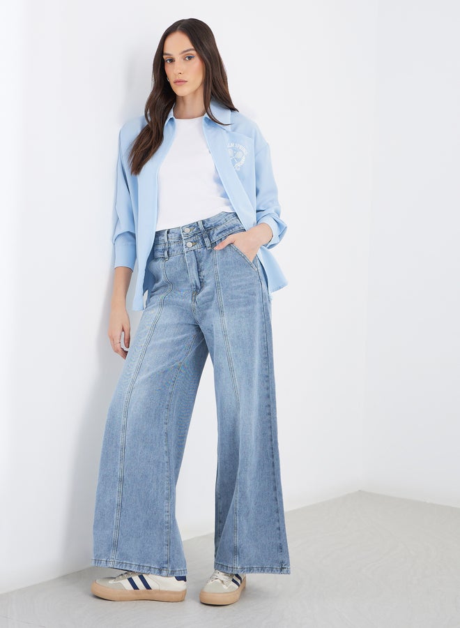 Styli High Rise Wide Leg Jeans with Pintuck Detail - Image 1