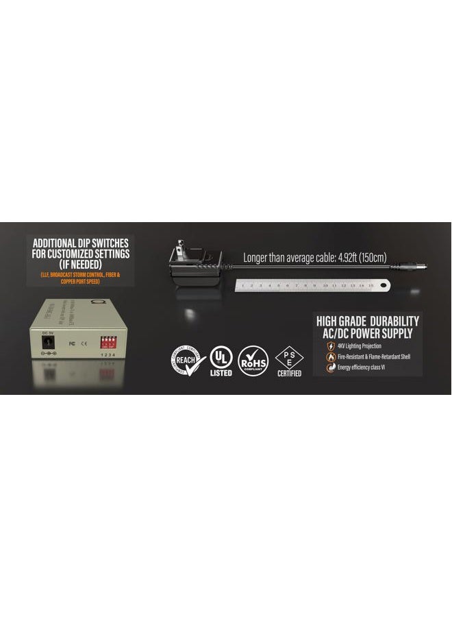 ADNET Single Mode Gigabit Fiber Media Converter - Built-In Fiber Module 20 km (12.42 miles) SC – to UTP Cat5e Cat6 10/100/1000 RJ-45 – Auto Sensing Gigabit or Fast Ethernet Speed - Jumbo Frame - LLF Support - Image 4
