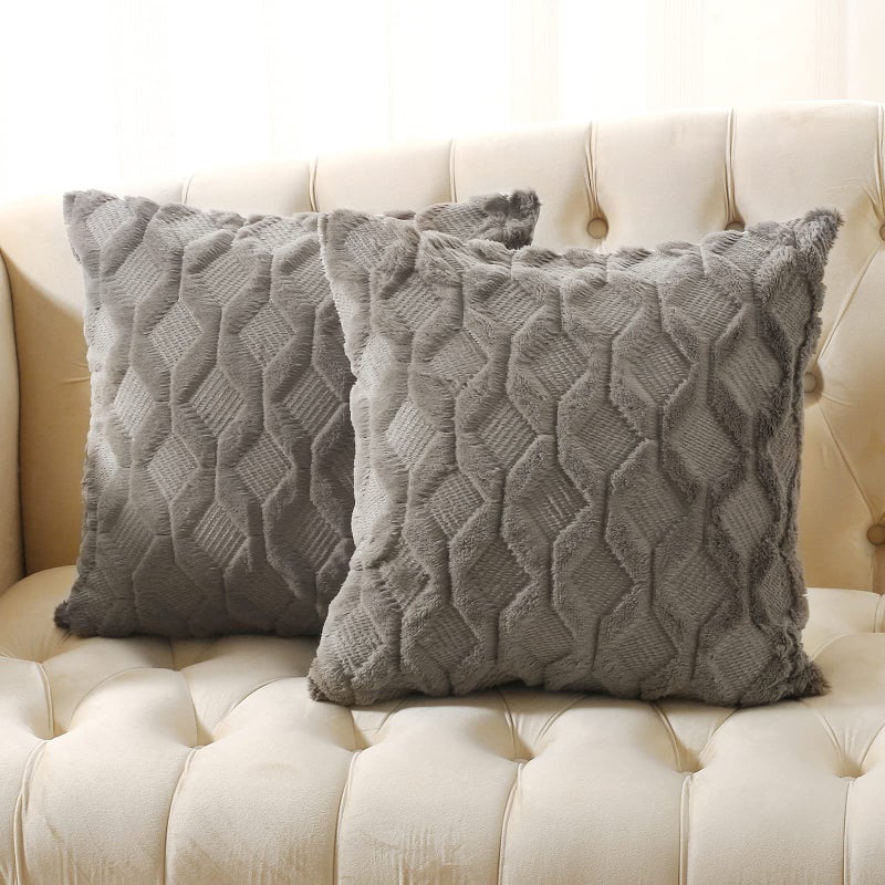 Volcanics Pack of 2 Faux Wool Throw Pillow Covers 20x20 Inches Decorative Farmhouse Velvet Couch Pillow Case Soft Plush Square Boho Cushion Pillowcase Dark Grey