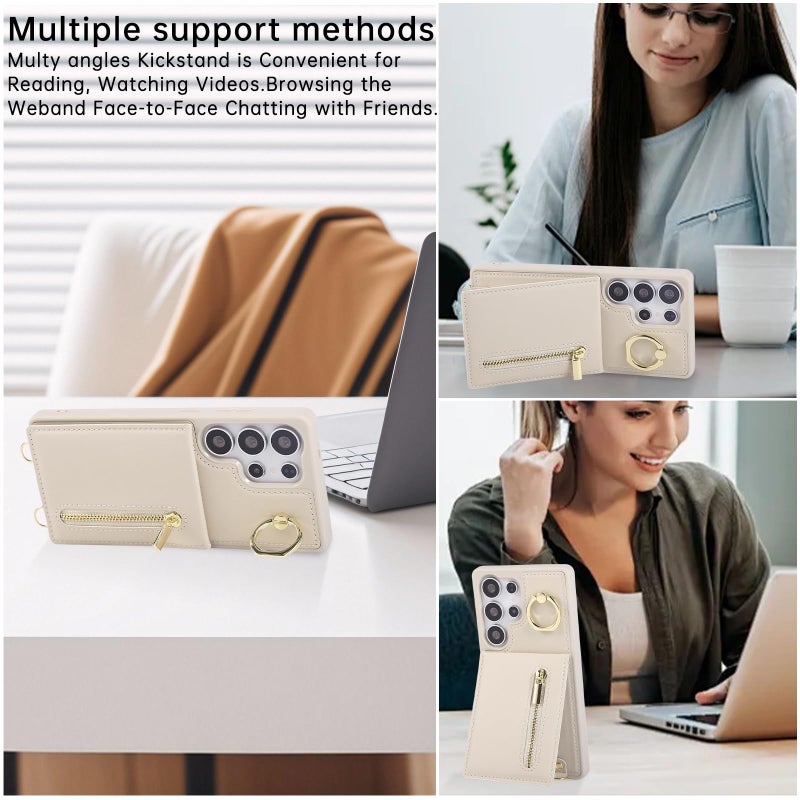 KYFSJPT Crossbody Wallet Case for Samsung Galaxy S25 Ultra, with Card Slots Zipper Pocket Case, Flip Folio Purse RFID Blocking with Ring Kickstand Detachable Strap-Beige - Image 4