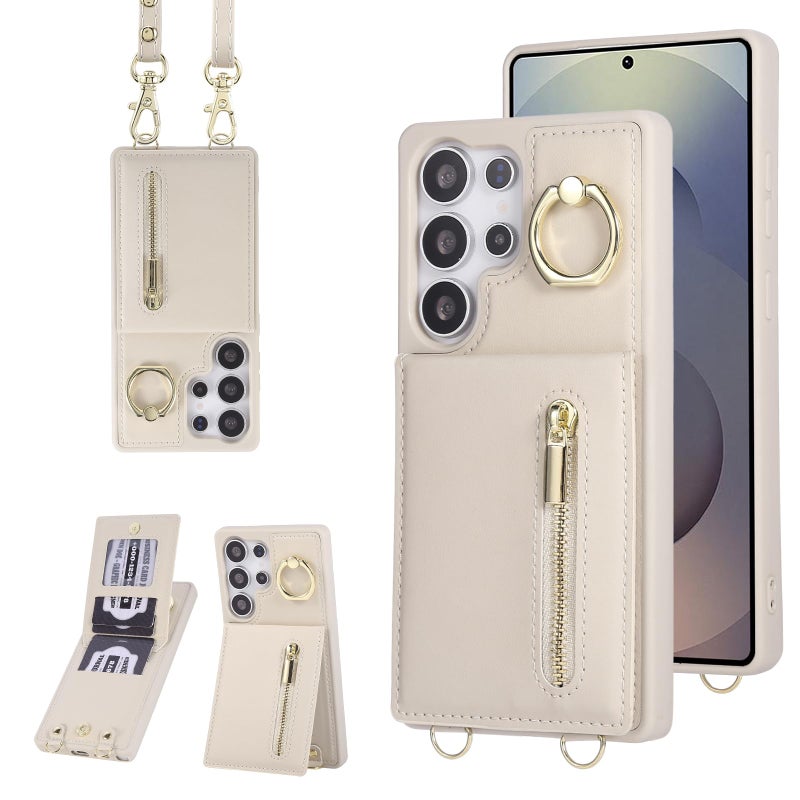 KYFSJPT Crossbody Wallet Case for Samsung Galaxy S25 Ultra, with Card Slots Zipper Pocket Case, Flip Folio Purse RFID Blocking with Ring Kickstand Detachable Strap-Beige - Image 1