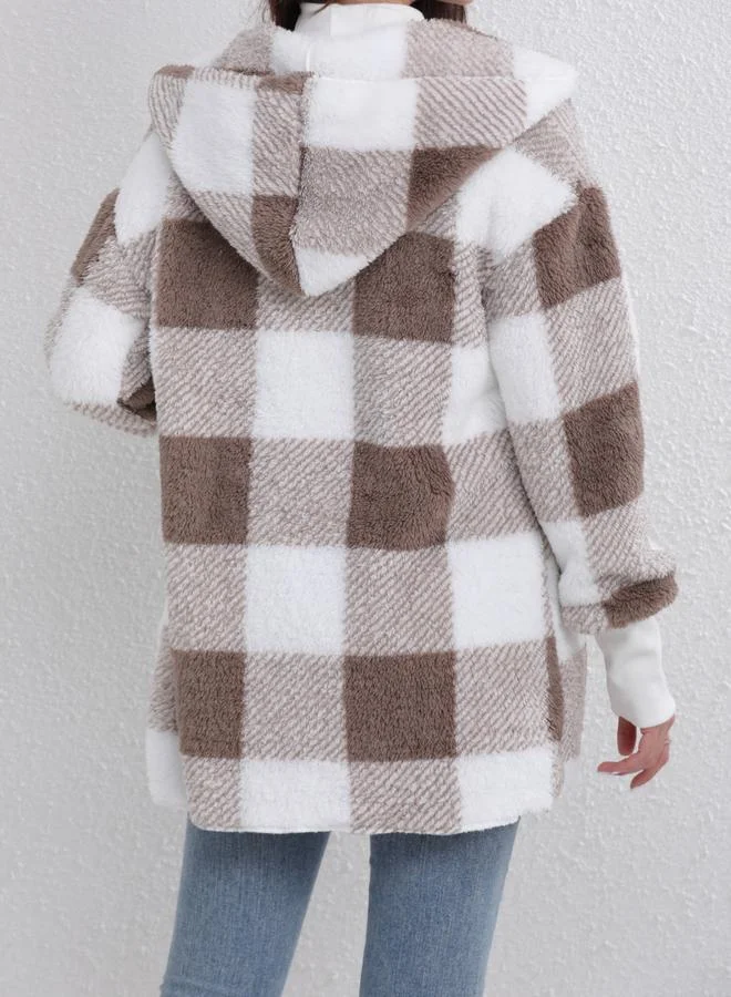 Take Two Take Two Checked Long Sleeve Zip Up Hooded Coat