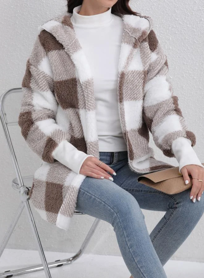 Take Two Take Two Checked Long Sleeve Zip Up Hooded Coat