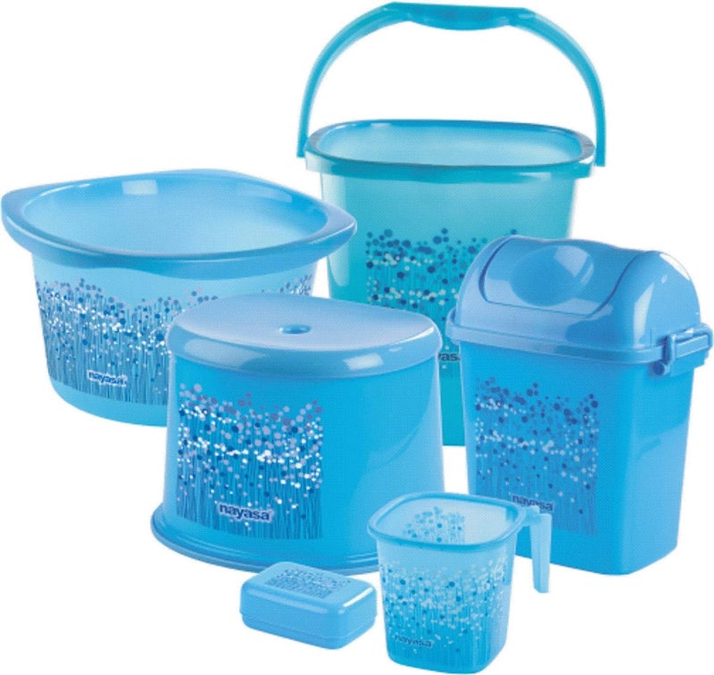 NAYASA Nayasa Funk Bathroom Set DLX 6 Pcs Bkt 25 L Mug 15 L Basin 20 L Dustbin 14 L 509 Stool Soap Case Bathroom Accessory Set Plastic Bathroom Set Bath Set for Bathroom Blue 