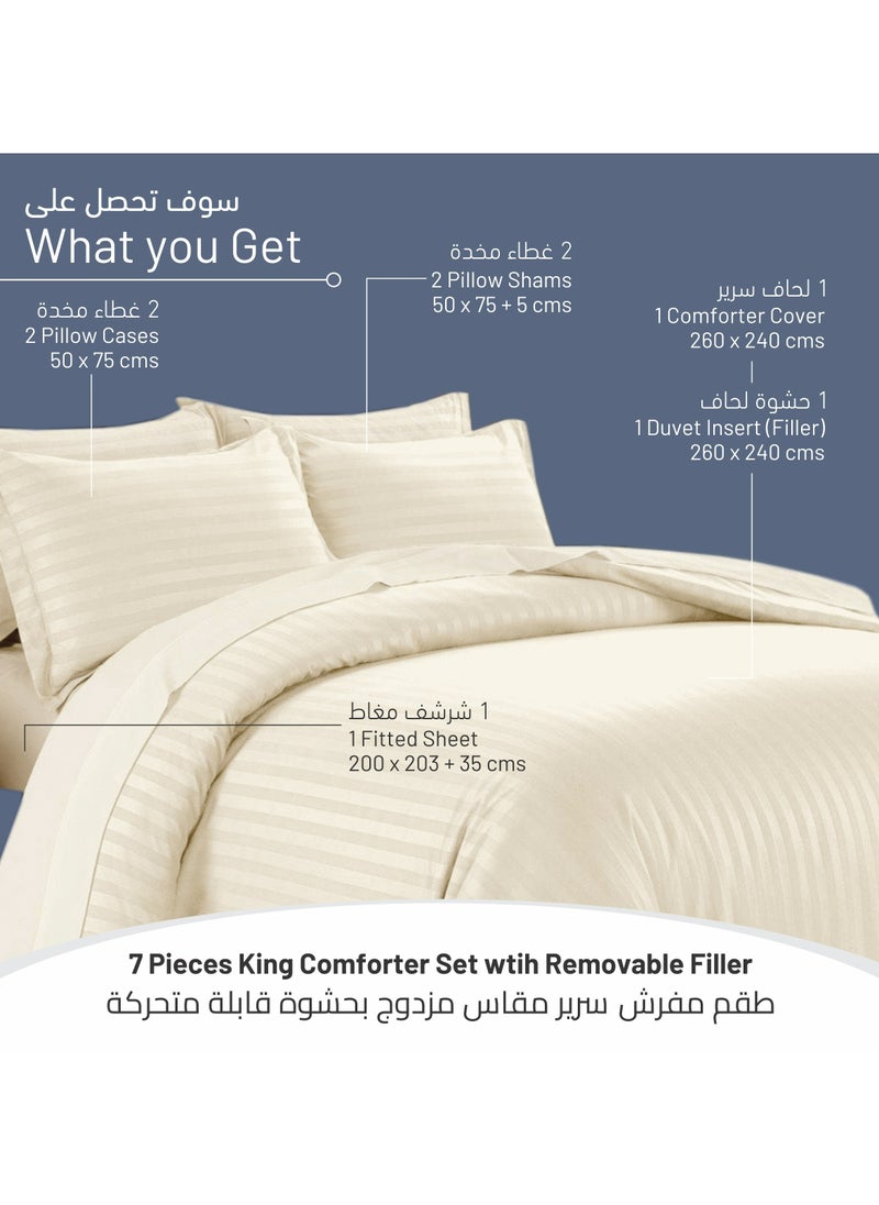 Donetella - 7-Piece Damask Stripes Hotel Style Comforter Microfiber ,Removable Insert ,King 260 x 240 Cms ,Cream - Image 1