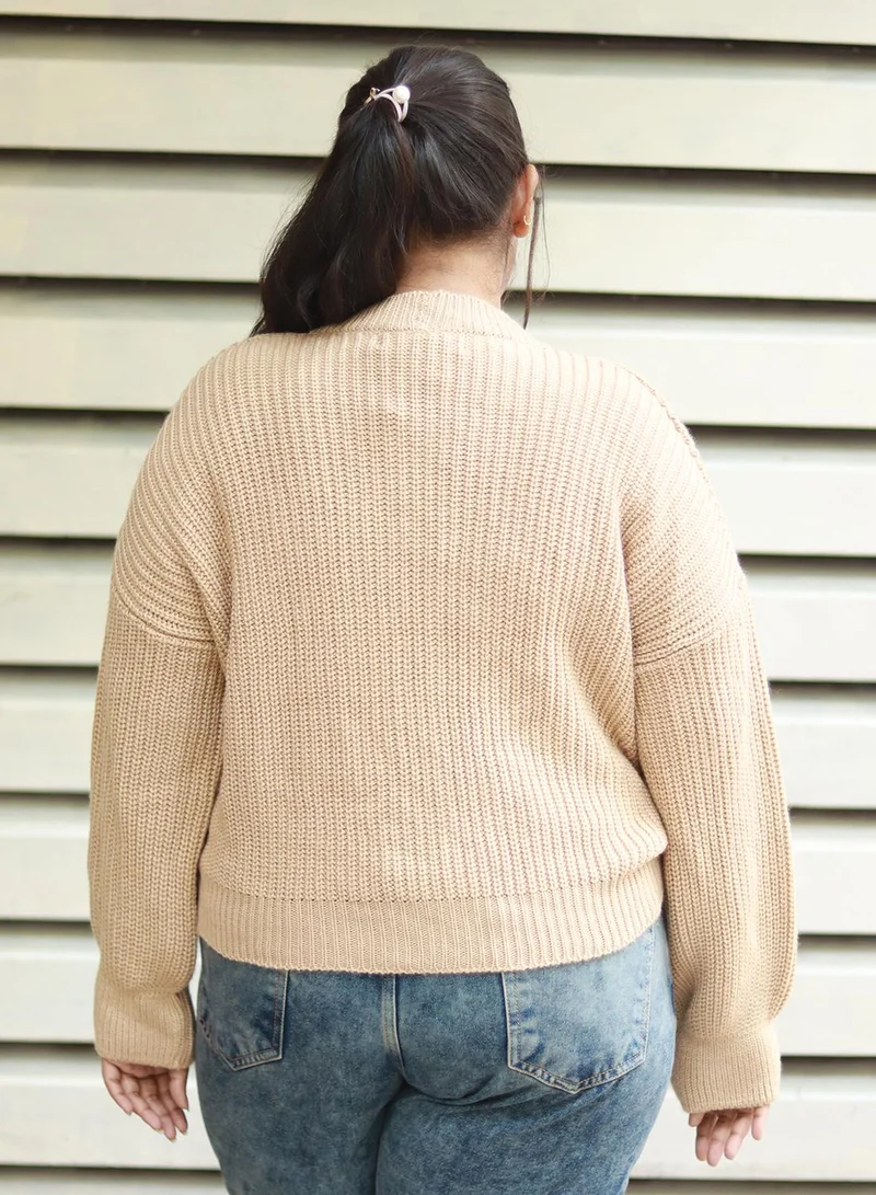 HIGH STAR Women's Beige 100% Acrylic Solid Sweater