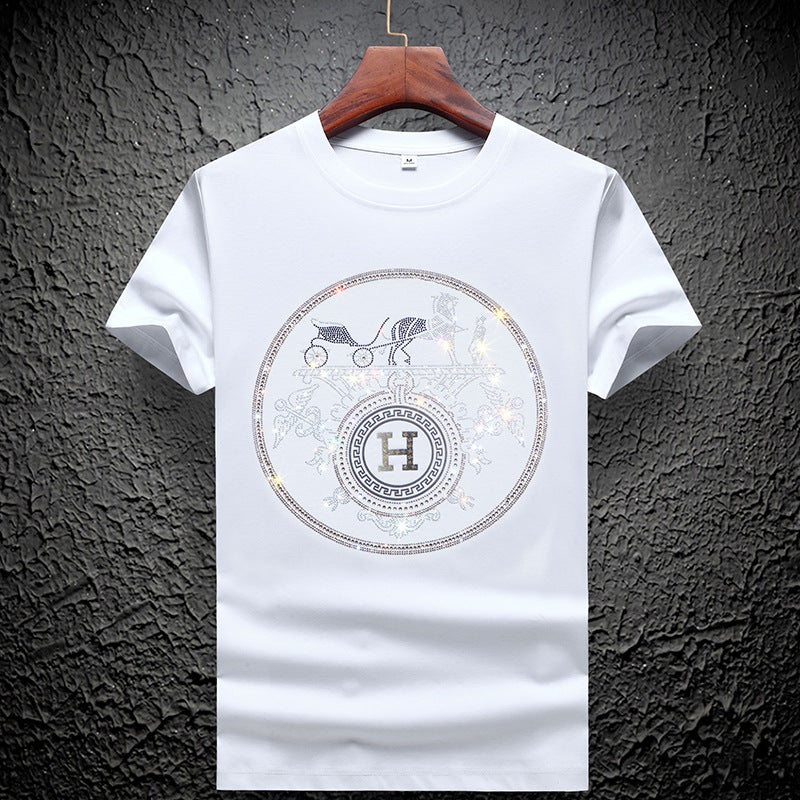 European Station double mercerized cotton rhinestone short sleeve men's net red plus size Tide brand Tiger head round neck mulberry silk T-shirt bottoming shirt - Image 1