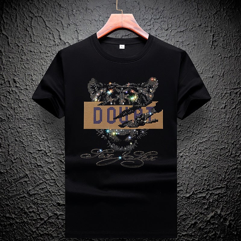 European Station double mercerized cotton rhinestone short sleeve men's net red plus size Tide brand Tiger head round neck mulberry silk T-shirt bottoming shirt - Image 2