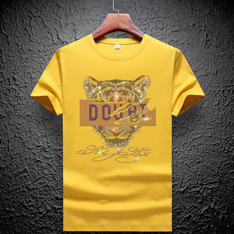 European Station double mercerized cotton rhinestone short sleeve men's net red plus size Tide brand Tiger head round neck mulberry silk T-shirt bottoming shirt - Image 3