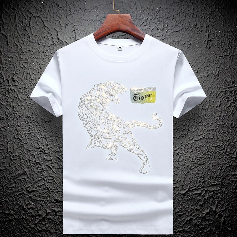 European Station double mercerized cotton rhinestone short sleeve men's net red plus size Tide brand Tiger head round neck mulberry silk T-shirt bottoming shirt - Image 5
