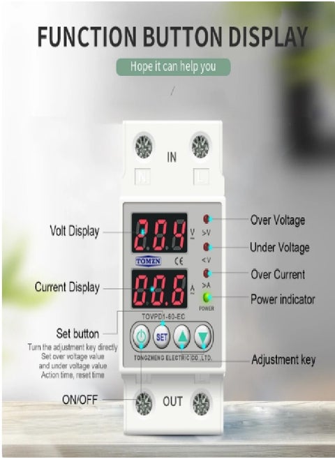 Tomzon High Low Current Voltage Protector 2 Digital Display 40A Adjustment.
