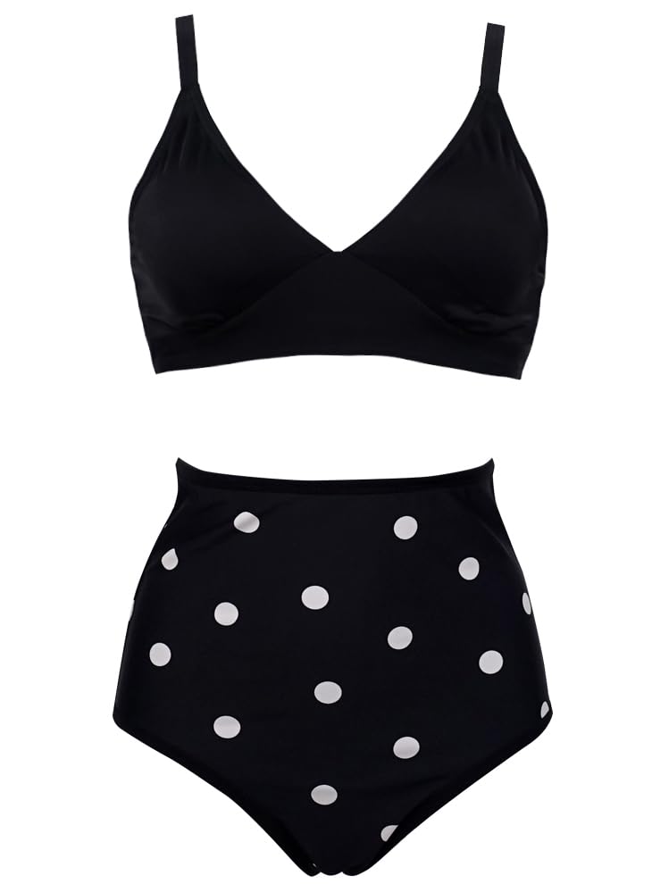 COCOSHIP Women's V Neck Top Two Piece Retro Halter High Waist Big Polka/Black Solids Bikini Set Reversible Bath Swimwear S - Image 1