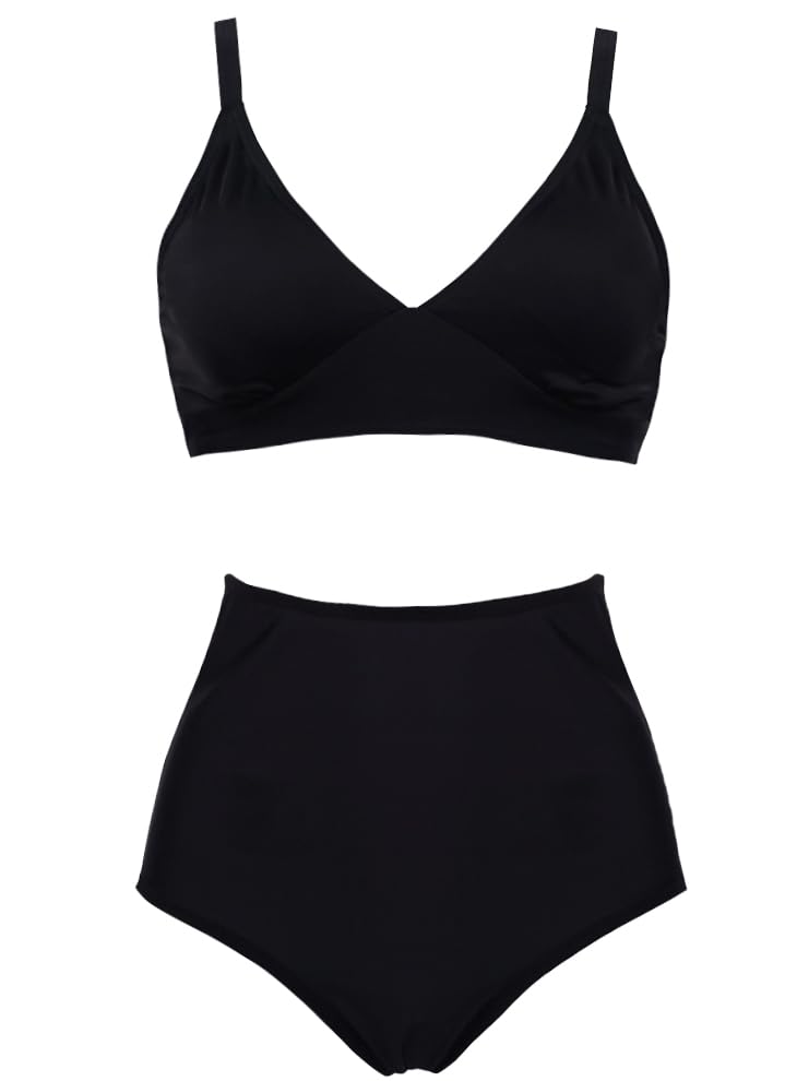 COCOSHIP Women's V Neck Top Two Piece Retro Halter High Waist Big Polka/Black Solids Bikini Set Reversible Bath Swimwear S - Image 4