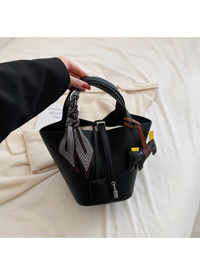 NIBEMINENT - Patchwork Pendant Decor Simple Design Satchel Bag Include Pony Pendant and Silk Scarf - Image 1