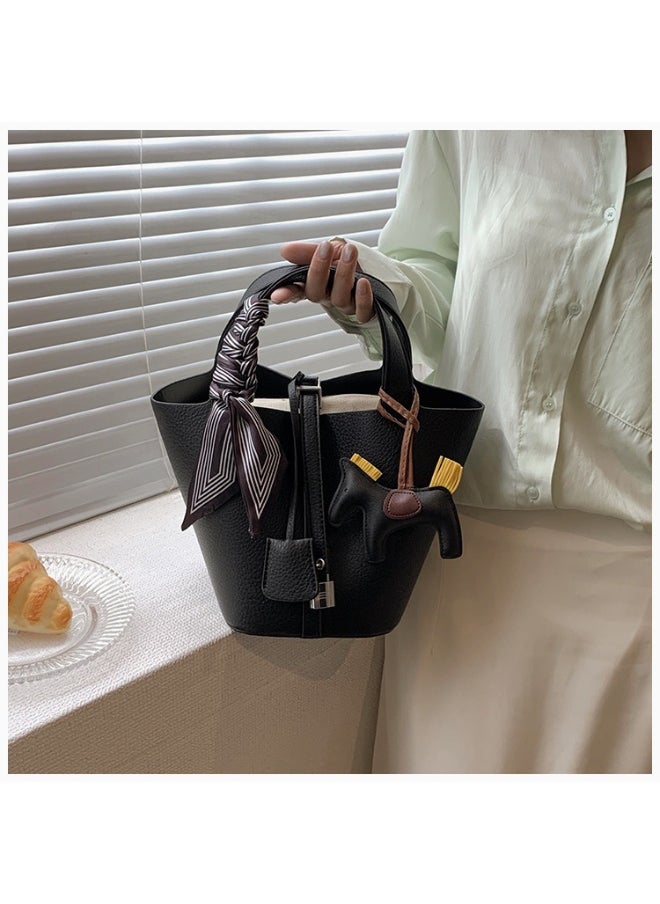 NIBEMINENT - Patchwork Pendant Decor Simple Design Satchel Bag Include Pony Pendant and Silk Scarf - Image 1