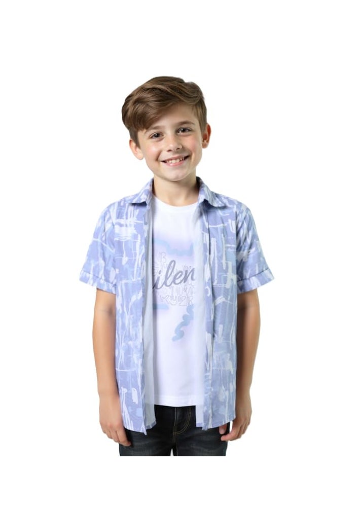 CAVIO Boys Cotton Blend Half Sleeves Printed Casual Shirt and T-Shirt Set - Blue - Image 1