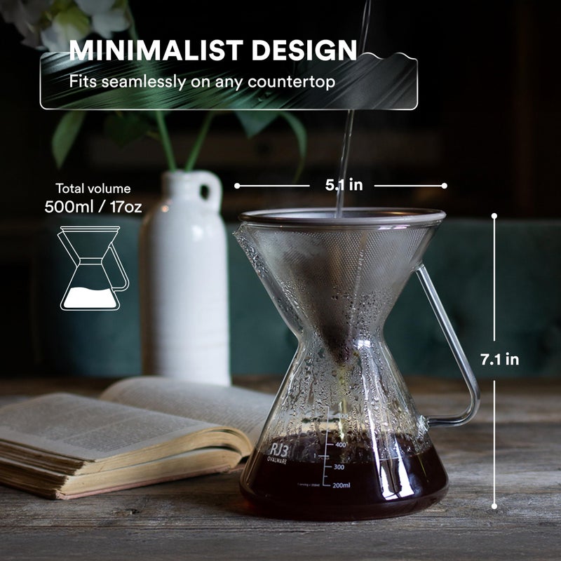 ovalware Pour Over Coffee Maker Set | 17oz / 0.5L Borosilicate Carafe with 304 Stainless Steel Filter and Precision Measuring Cup | Glass Coffee Dripper for Home Brewing - Image 2